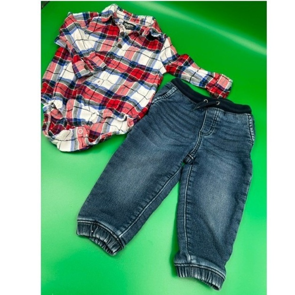 OshKosh B'gosh Outfit Set Kids 18M Red Blue Plaid Flannel Bodysuit Denim Joggers
